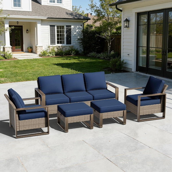 5 Pieces Metal Wicker Patio Furniture Set - 75" Sofa, Two Armchairs and Two Ottomans, All Weather Rattan Outdoor Conversation Furniture with Washable Cushion for Deck Porch, Dark Blue2