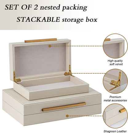 Set of 2 Beige Shagreen Decorative Storage Boxes with Gold Metal Handles – Faux Leather Jewelry & Memory Boxes, Nesting Photo Organizers for Home Decor3