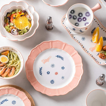 Dishes/Plate/Bowl Set,Ceramics Dinnerware Sets, 33 Pieces Rabbit Pattern Porcelain Dinner Set for Wedding Gifts Stroke Coffee Cup Cereal Bowl and Steak5
