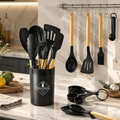 33 Pcs Silicone Kitchen Cooking Utensils Set, Wood Handle & Holder4