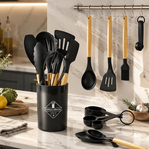 33 Pcs Silicone Kitchen Cooking Utensils Set, Wood Handle & Holder4