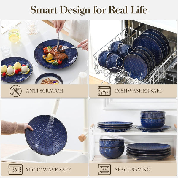 12 Pieces Dinnerware Sets, Modern Plates and Bowls Sets, Blue Dish Set for 4, Kitchen Ceramic Dinner Plates Dishware Set, Microwave and Dishwasher Safe, Series LYDIA4