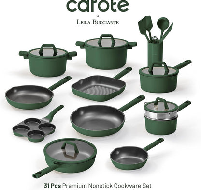31Pcs Pots and Pans Set, Nonstick Cookware Set | Egg Pan, Steamer & Durable Silicone Utensils, Even Heating, All-Stovetop Compatible, Green5