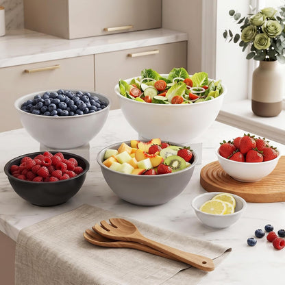 BPA Free Plastic round Mixing Bowl with Lids, 12 Pack Nesting Bowls with Lids Set, Microwave and Dishwasher Safe Prep & Serving Bowls Great for Mixing, Baking, Serving (White, 12Pcs)6