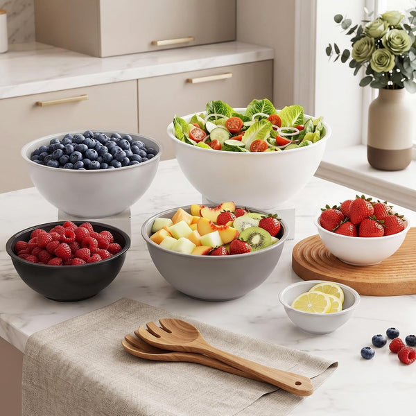 BPA Free Plastic round Mixing Bowl with Lids, 12 Pack Nesting Bowls with Lids Set, Microwave and Dishwasher Safe Prep & Serving Bowls Great for Mixing, Baking, Serving (White, 12Pcs)6