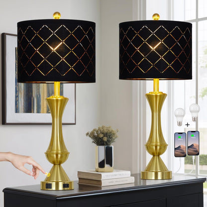 29" Gold Modern Table Lamps Set of 2, 3-Way Dimmable Touch Lamps for Nightstand with USB A+C & Outlets,Brass Lamps for Living Room, Bedroom, Nightstand, Entryway(2 Bulbs Included)1