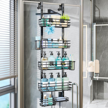 over the Door Shower Caddy - 5 Tier Adjustable Shower Organizer Hanging with 2 Toothbrush Holders & 4 Hooks, Rustproof Organizer Shelf, Storage Rack for Bathroom, Black1