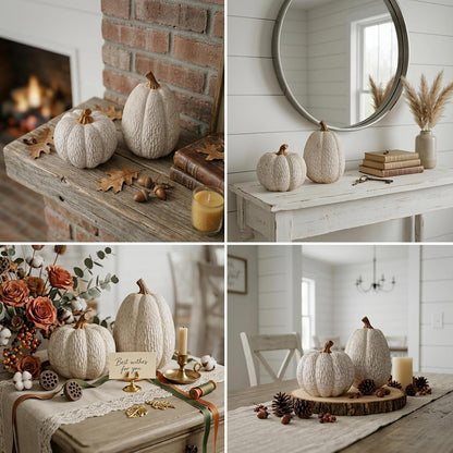 Fall Pumpkin Decor, Set of 2 Resin Pumpkins, Thanksgiving Decor | Elegant Textured White Pumpkins, Fall Decor Accent for Thanksgiving Table Centerpiece, Mantel, Shelf and Autumn Home Decor.4