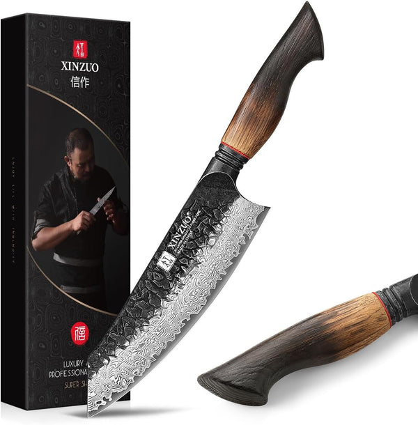 7.6 Inch Sharp Damascus Santoku Knife,Professional 67 Layers Damascus Steel Kitchen Meat Knife for Home and Kitchen,10Cr15Comov Steel Core,With White Oak + Red G10 Gasket Handle1