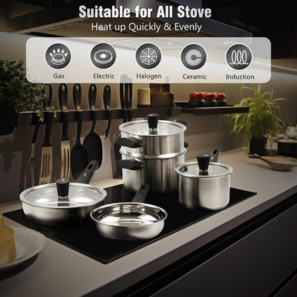 14Pcs Kitchen Pots and Pans Set, Stainless Steel Cookware Set Non Toxic, Induction Cooking Pot and Pan Set with Stay-Cool Handles, Healthy PFAS, PFOA, PFOS Free, Dishwasher Safe5