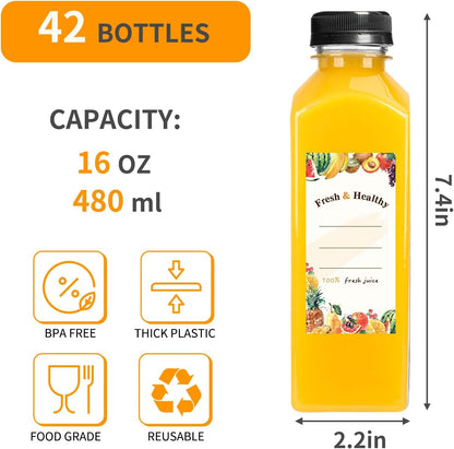 42Pcs 16Oz Plastic Juice Bottles with Caps, Reusable Juicing Bottles with Lids, Clear Containers for Smoothies and Other Beverages2