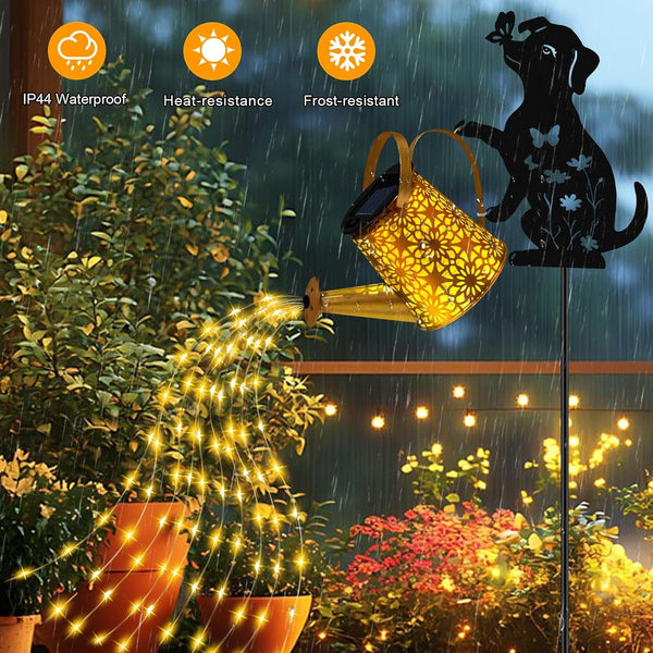 Solar Lights Outdoor Decorative, Watering Can with Cascading Lights, with Dog Silhouette Garden Stakes, Gifts for Mom Women, Waterproof Metal Garden Decor for Yard Art, Outside(1 Pack)3