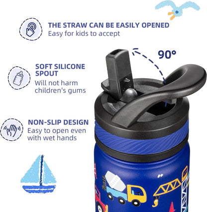 14 Oz Kids Water Bottle for School, Insulated Water Bottle with Straw Lid, Stainless Steel Vacuum Insulated Bottle for Boys & Girls, Leak-Proof, BPA Free(Blue - under Construction)3