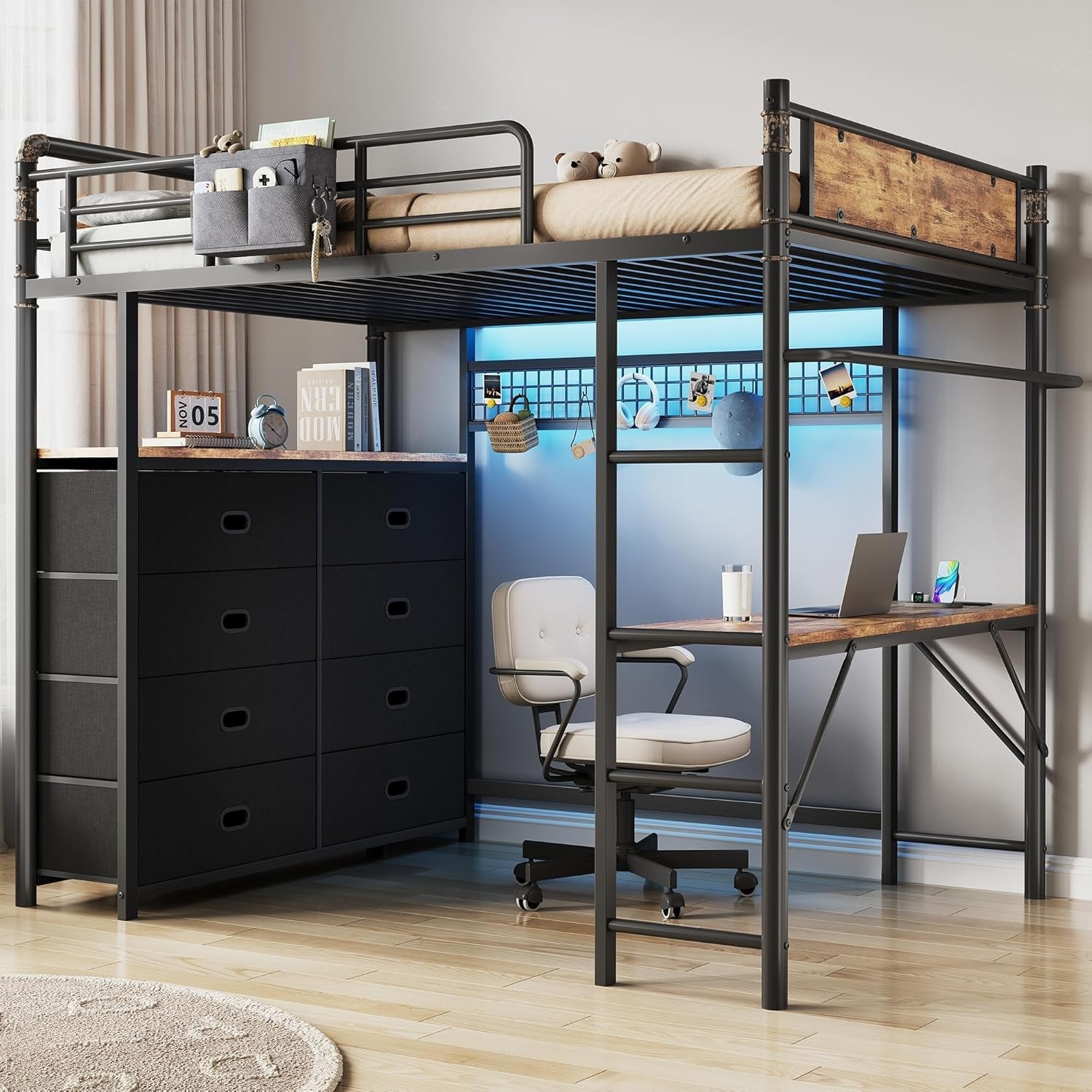 twin-loft-bed-with-desk-and-8-storage-drawers-metal-loft-bed-twin-size-with-led-lights-charging-station-bed-frame-with-hanging-rod-safety-guardrail-ladder-for-kids-teens-rustic-brown