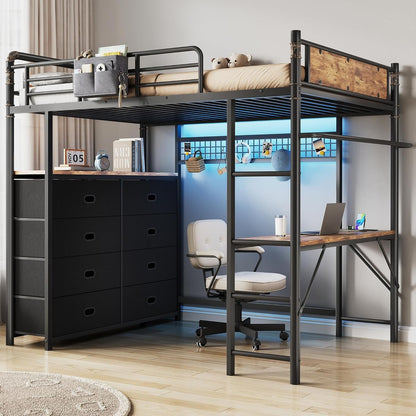 Twin Loft Bed with Desk and 8 Storage Drawers, Metal Loft Bed Twin Size with LED Lights & Charging Station, Bed Frame with Hanging Rod, Safety Guardrail & Ladder, for Kids & Teens (Rustic Brown)1
