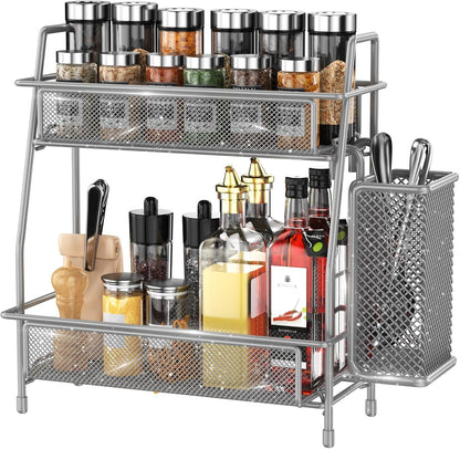 Spice Rack Organizer for Kitchen Counter, Spices Organizer and Storage Seasoning Organizer for Cabinet, Kitchen Metal Countertop Organizer with Side Basket (Grey)1