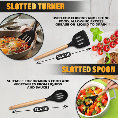14 Pcs Kitchen Utensils Set with Holder, Beech Handles (Black)6