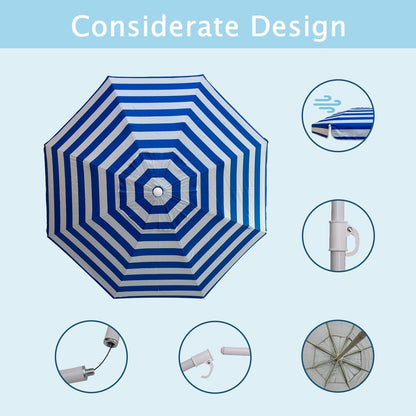 6Ft Beach Umbrella - Heavy Duty Wind Resistant UV 50+ Portable Sun Shade with Sand Anchor & Carry Bag, Outdoor Folding Umbrella for Beach, Pool, Patio, Garden (Blue Strip) No Tilt the Sand Needs to Exceed the Spiral 6Inch4