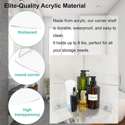 Corner Shower Caddy Shelf Rack 2 Tier Adhesive Shower Organizer Essentials - No Drilling Acrylic Bathroom Storage Rack with Hooks No Drilling Shelves (8.5"X8.5" 2 Tier Clear)7