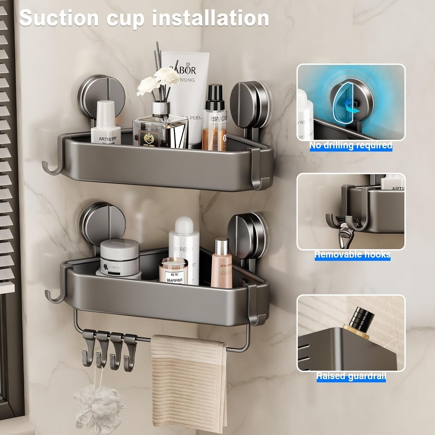 suction-cup-shower-caddy-corner-2-pack-suction-corner-shower-shelves-no-drilling-rustproof-shower-organizer-suction-cup-with-towel-holder-hooks-removable-bathroom-storage-rackgray