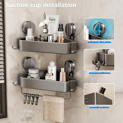 Suction Cup Shower Caddy Corner, 2 Pack Suction Corner Shower Shelves No Drilling, Rustproof Shower Organizer Suction Cup with Towel Holder & Hooks Removable Bathroom Storage Rack(Gray)3