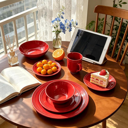 Pearl Dots Stoneware Dinnerware Set (20Pc Set, Red)5