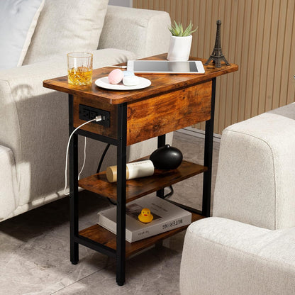 End Table with Charging Station, Flip Top Side Table with USB Ports and Outlets, Sofa Couch Table Bedside Table for Living Room Bedroom, Narrow Nightstand with Storage Shelves for Small Space2