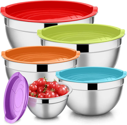 Mixing Bowls with Lids Set of 5, Stainless Steel Mixing Bowls Metal Nesting Bowls with Airtight Lids, Non-Toxic & Dishwasher Safe, Great for Cooking, Baking, Serving - Size 0.7/1/1.5/3/4.6QT1