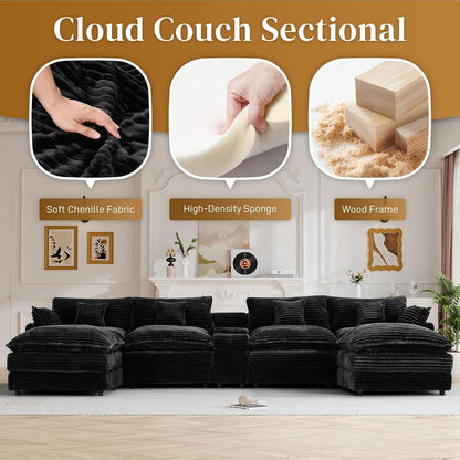 145" Cloud Couch Oversized U Shaped Jet Black Sectional Couches for Living Room, Big Fluffy Comfy Soft Corduroy Couch Sectionals, Modular Sectional Sofa with Ottoman & Central Console5