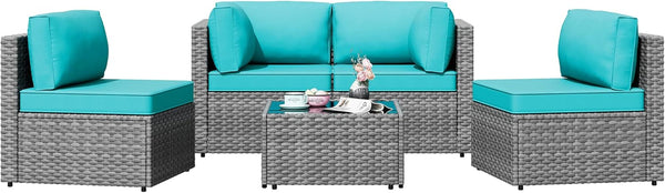 Patio Furniture Sets, 5 Piece Outdoor Sectional Sofas, Wicker Rattan Outdoor Furniture Patio Conversation Set, All-Weather PE Rattan Outdoor Couch for Backyard, Garden, Gray & Blue1