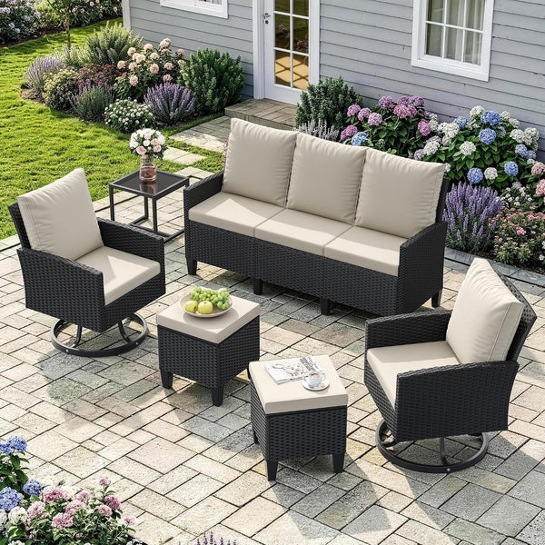 7 Seats Patio Furniture Set, 360° Swivel Chairs, 6 Pieces, Beige1