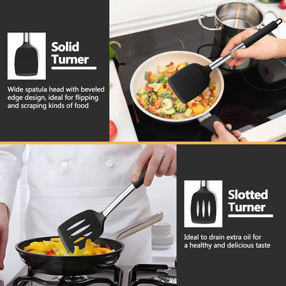 Black Kitchen Cooking Utensil Set of 4, Slicone Head & Steel Body | Silicone Solid Spatulas Slotted Spoons Turners for Non-Stick Cookware Flipping Mixing, Heat-Proof6