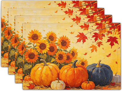 Fall Pumpkin Sunflower Placemats Set of 4 Thanksgiving Autumn Maple Leaf Table Mats Harvest Farmhouse Holiday Place Mats Washable Linen Placemat for Party Kitchen Dining Decor 12X18 Inch8