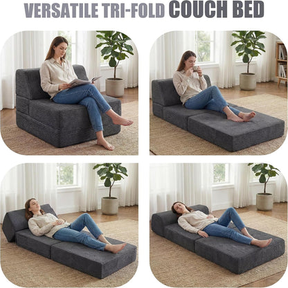 Folding Sofa Bed with Pillow, Memory Foam Fold Out Chair Bed, Convertible Sleeper Chair with Washable Cover, Futon Floor Couch for Living Room/Dorm/Guest Use/Home Office/Apartment, Gray3