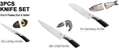 Kitchen Knife Set 3 Piece | Professional Chef Knife Set with 8" Chef Knife, 7" Santoku Knife, 5" Utility Knife | High Carbon Stainless Steel Sharp Kitchen Knives for Home Cooking & Gifting3