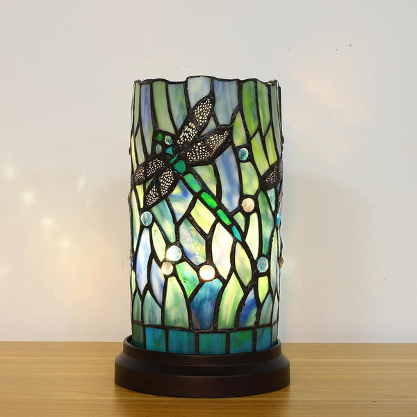 Tiffany Style Table Lamp for Bedroom Baroque Stained Glass Nightstand Bedside Night Lamp Party Light Hand-Made Art Home Deco Christmas Gifts W/ 2 LED Bulbs (3 Color Temperatures+Flame Bulb)1