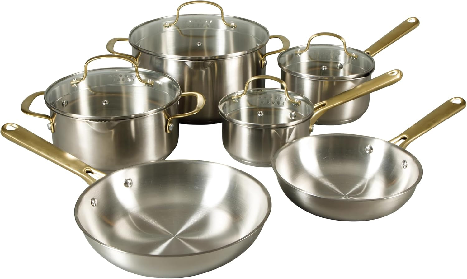 oster-platinum-sunstreak-pots-and-pans-set-10-piece-stainless-steel-cookware-set-with-glass-strainer-lids-and-gold-handles-induction-cookware-set