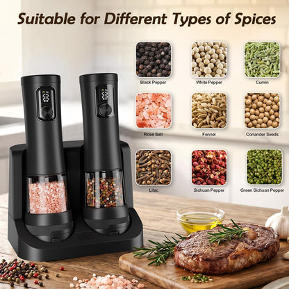 Electric Salt and Pepper Grinder Set, Automatic Refillable Salt and Pepper Shakers 2-Speed Setting with LED Light and 5 Adjustable Coarseness,Practical and Convenient Kitchen Gadgets,All-Black5
