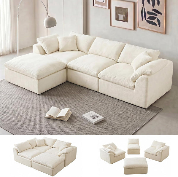 110" Boneless Cloud Couch Sectional for Living Room, Oversized Modular L Shaped Sofa with Ottoman, Deep Seat Chenille Sectional Couch for Cloud-Like Comfort (Beige)1