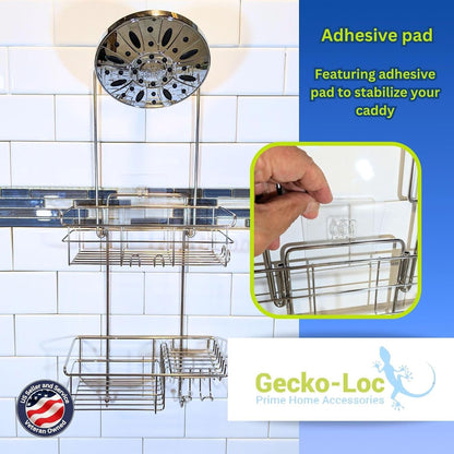 Extra-Long Adjustable Over-The-Showerhead Shower Caddy – Rustproof Stainless Steel Organizer with Suction Stabilizer, Deep Basket & Hooks – No-Drill, Tool-Free Installation (Silver)5