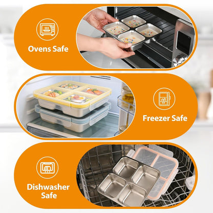 4 Pack Stainless Steel Snack Containers with Lids, 4-Compartment Leakproof Bento Snack Boxes, Reusable Dishwasher Safe Food Storage Containers for Adults, Office, Travel & Meal Prep (4Pack-A)5
