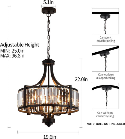 Modern Crystal Chandeliers, Entryway Black Crystal Chandelier for Dining Room, 6-Light Farmhouse Pendant Hanging Light Fixture for Living Room Foyer Kitchen Island,Conical,20In6