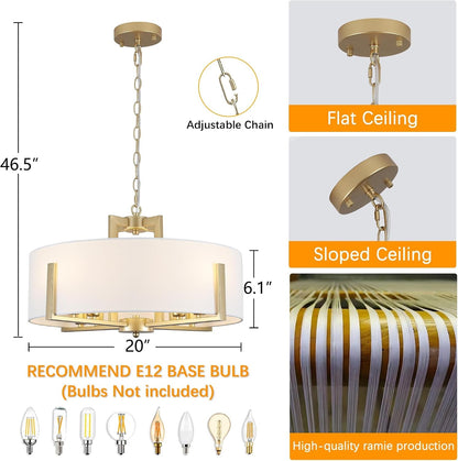 20In Gold Drum Chandelier 8-Light Modern White Fabric, Adjustable4
