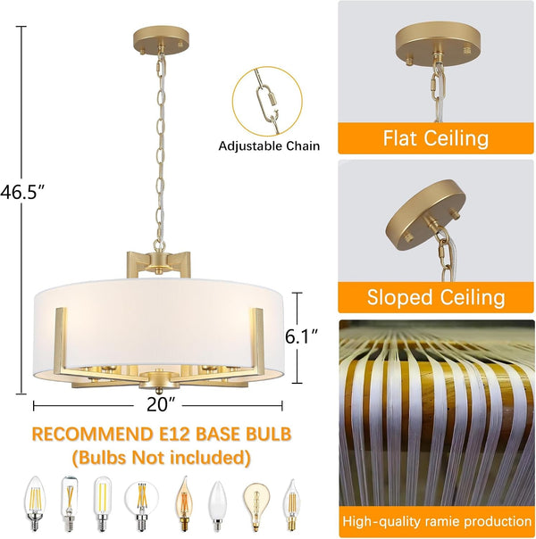 20In Gold Drum Chandelier 8-Light Modern White Fabric, Adjustable4