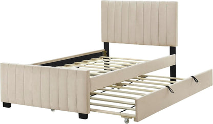 Twin Size Velvet Upholstered Platform Bed, Wood Bed Frame with Twin Size Trundle, Beige7