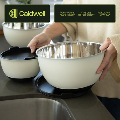Caldwell Kitchen 3Pc Stainless Steel Mixing Bowls W/ Lids & Measurement Marks – Off-White - Non-Slip Base - Nesting Kitchen Bowl Set7