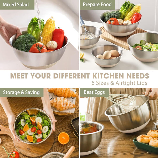 Mixing Bowls with Airtight Lids, 6 Piece Stainless Steel Metal Nesting Storage Bowls, Non-Slip Bottoms Size 7, 3.5, 2.5, 2.0,1.5, 1QT, Great for Mixing & Serving (Khaki)3