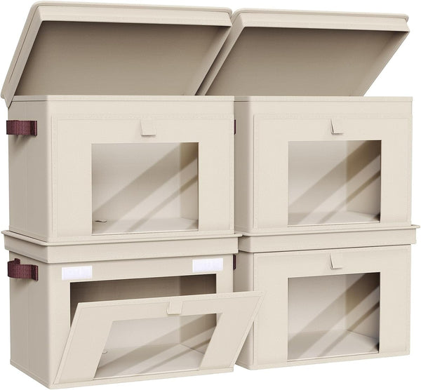 Front Opening Storage Bins with Lids for Closet, Beige, 4 Pack1