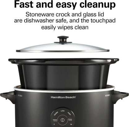 7 Quart Set & Forget Portable Programmable Slow Cooker | 15 Cooking Options with 5 Time and 3 Heat Functions | Lid Latch | Dishwasher Safe Stoneware Crock & Glass Lid | Black | 336707
