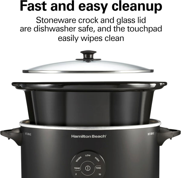 7 Quart Set & Forget Portable Programmable Slow Cooker | 15 Cooking Options with 5 Time and 3 Heat Functions | Lid Latch | Dishwasher Safe Stoneware Crock & Glass Lid | Black | 336707